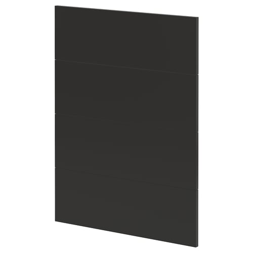 Modern black kitchen cabinet door, sleek and rectangular, with horizontal lines.