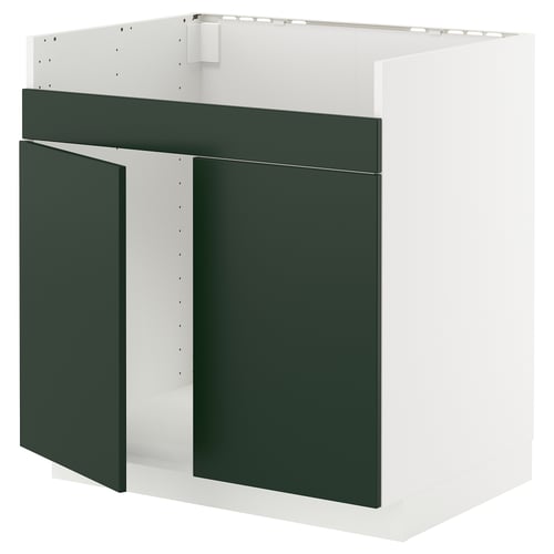 Modern METOD kitchen cabinet in white with dark green doors and top.