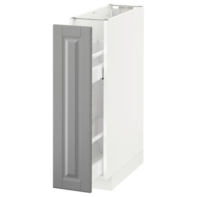 A white and grey cabinet from the METOD kitchen system. It a grey door with bevelled edges and a pull-out shelf.