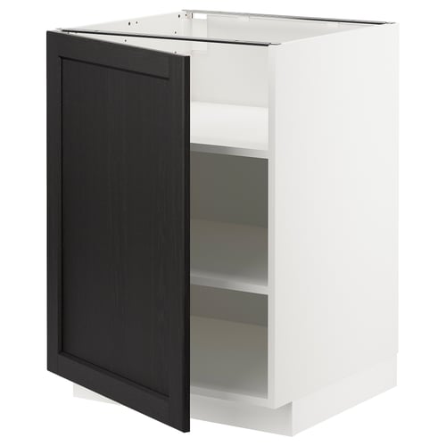 White & stained kitchen cabinet with open door and two shelves.
