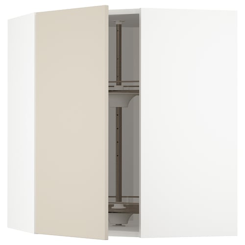 METOD base cabinet in beige with adjustable glass shelf.