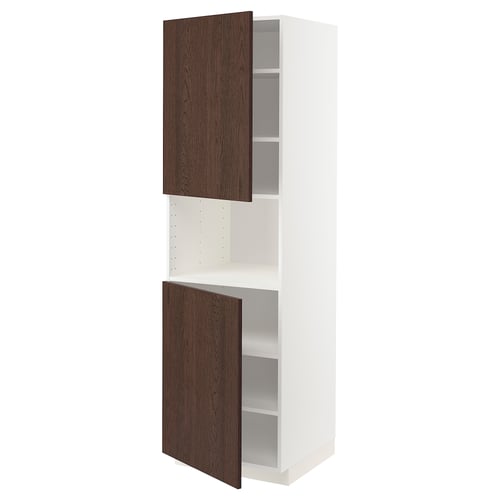 Modern white kitchen cabinet with two brown doors, one open, sleek design.