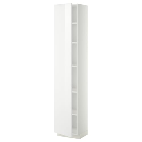 A white, tall, and slim cabinet from the METOD kitchen system. It has a glossy finish and offers storage with adjustable shelves.