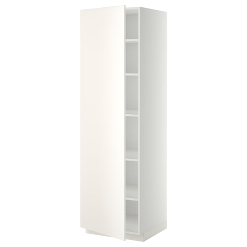 A white ikea METOD tall cabinet with four shelves. It has a sleek, modern design for kitchen storage.