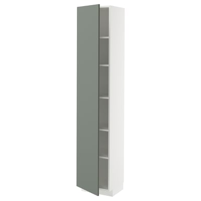 A modern vertical cabinet in white and light green, featuring adjustable shelves inside.