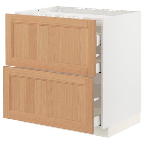 A METOD kitchen cabinet with an oak finish. It wooden drawers and a robust frame, designed for durability and storage.