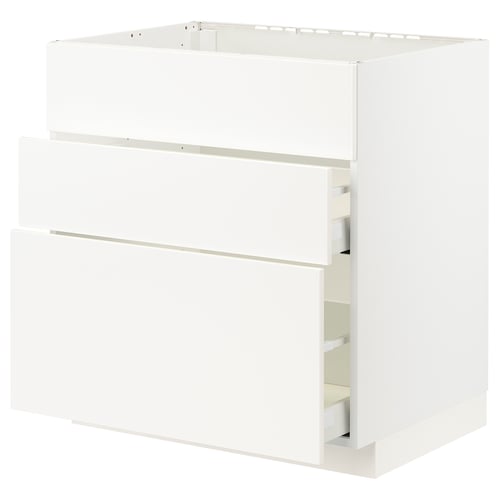 White METOD kitchen unit with veddinge fronts, 3 smooth drawers.