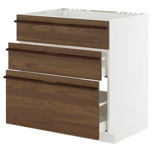 White and brown kitchen unit with three wooden drawers, featuring solid wood handles and full-extension drawers.