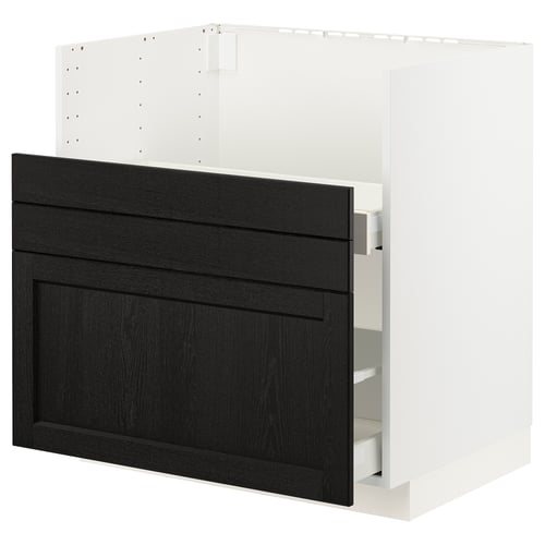 Modern kitchen cabinet, black-stained wood, white frame, sleek design.