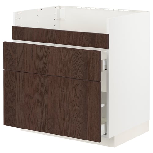 White and dark wood kitchen unit with drawers.