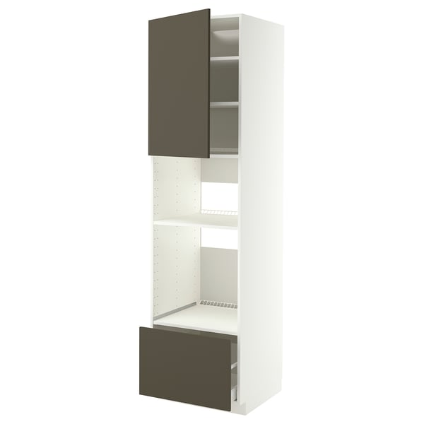 A tall white METOD kitchen cabinet with dark brown doors and adjustable shelves.