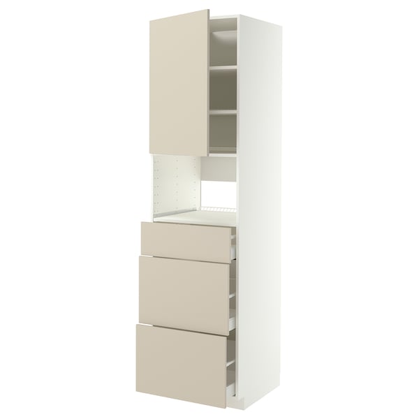 A tall, beige METOD kitchen cabinet with drawers and shelves. The design is modern and minimalist, featuring a mix of drawers and open storage.