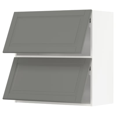 Two grey bevelled METOD cabinets, upper closed, lower open.