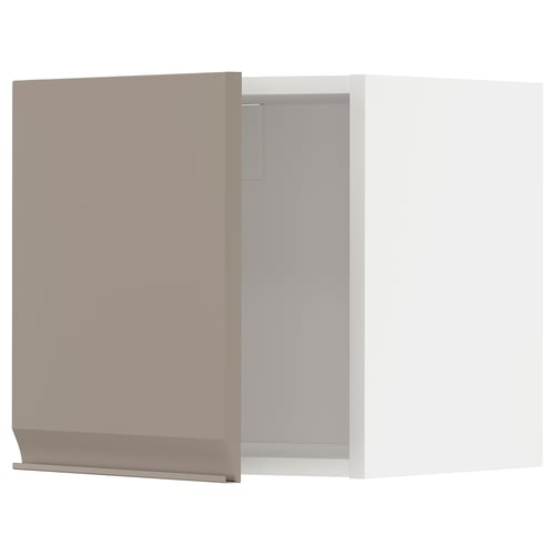 A white wall cabinet from IKEAs METOD kitchen system, featuring a matte grey-beige door with an integrated handle and chamfered edge.