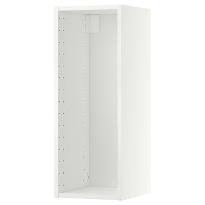 White ikea METOD wall cabinet, rectangular, perforated back for mounting, maximizes wall space, stores at eye level.