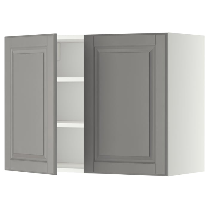 METOD wall with shelves/2 doors, white/Bodbyn gray, 80x37x60 cm