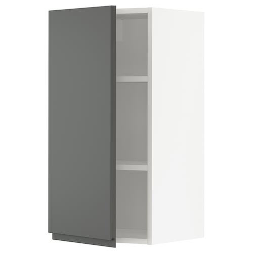Grey slim cabinet, open, adjustable shelf.