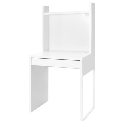 A white ikea MICKE desk with a sleek design and adjustable shelves. It includes a small drawer and a spot for cable management.