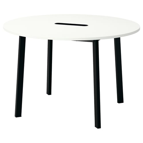A round white MITTZON conference table with four black metal legs. It has a sleek, modern design.