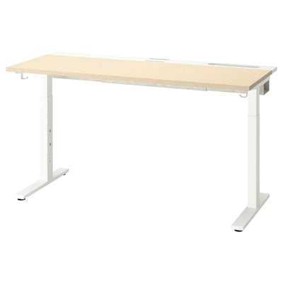 MITTZON desk, light wood top, white legs, adjustable height, clean design.