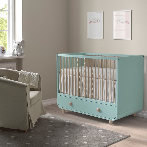 MYLLRA crib with drawer, light turquoise, 60x120 cm (235/8x471/4") IKEA