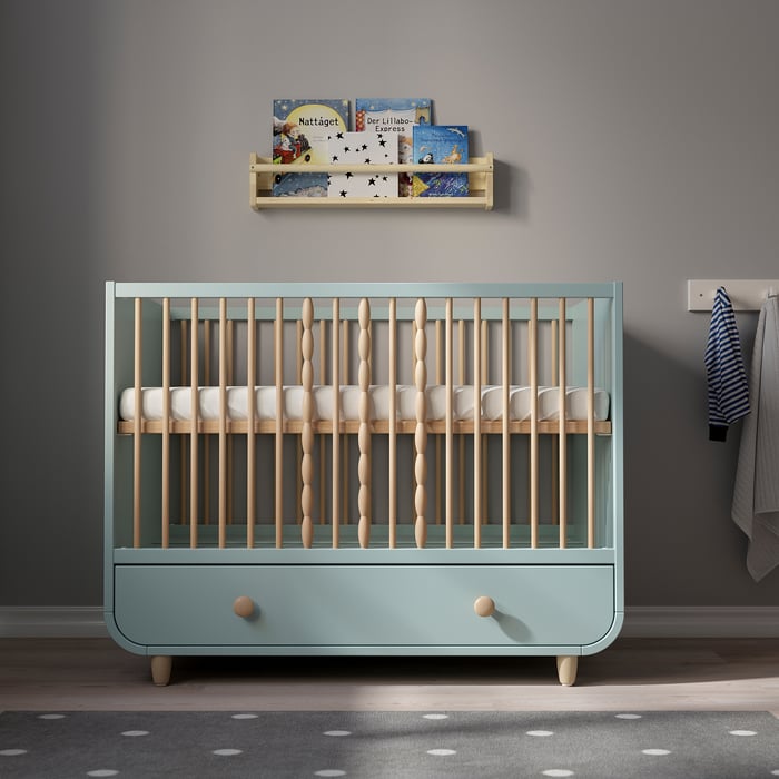 MYLLRA crib with drawer, light turquoise, 60x120 cm (235/8x471/4") IKEA