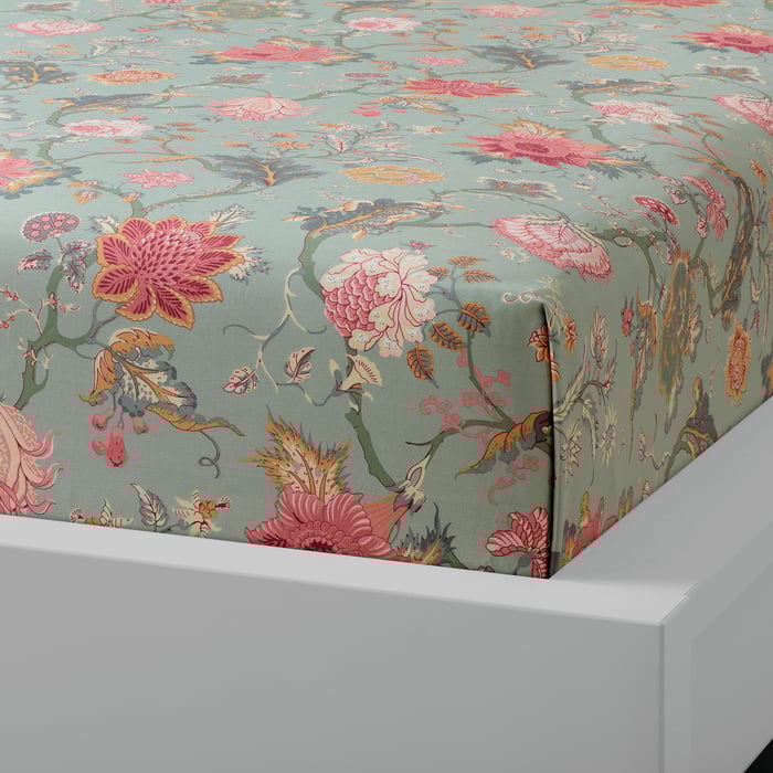 NÄSSELKLOCKA flat sheet, light greengray/multicolor, 240x260 cm