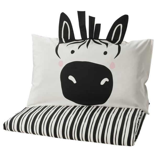 Zebra-themed kids bedding set, black and white, soft cotton blend, playful design.