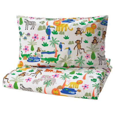 Jungle-themed duvet set with lions, monkeys, zebras, and toucans on soft cotton blend.