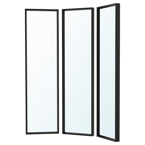 Three-fold black-framed mirror for wall, ideal for bathrooms and dressing rooms.