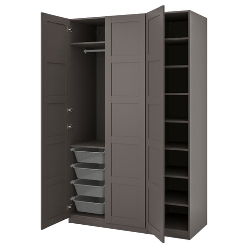 Grey PAX wardrobe with three doors open, showing shelves and mesh baskets, dark finish.