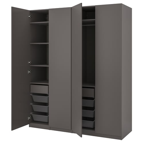 Open grey ikea PAX wardrobe showing shelves and mesh baskets.