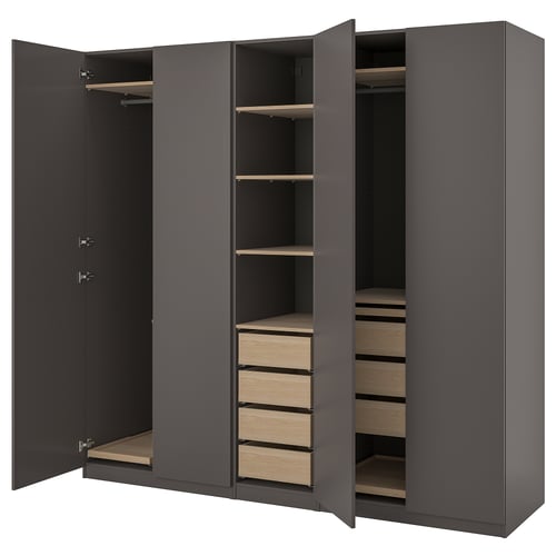 Modern dark grey PAX closet with wooden shelves and drawers.