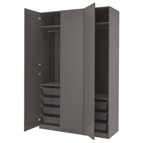 PAX grey wardrobe, open; metal mesh drawers, hanging rod.