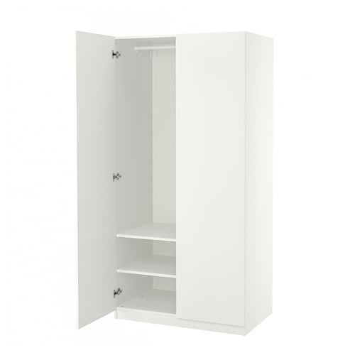 White PAX wardrobe, tall, narrow. Open doors revealing empty shelves and rail. Simple, modern design.