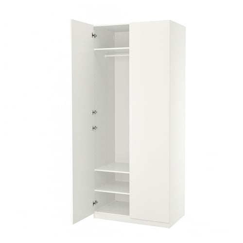 White PAX wardrobe with open doors, hanging rail, and shelf inside. Modern minimalist design.