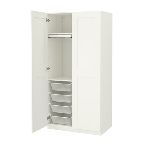 White PAX wardrobe with mesh baskets and trouser hanger, modern design.