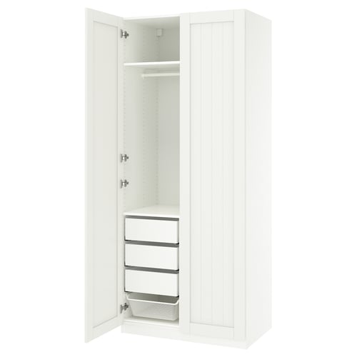 PAX wardrobe in white, slim design. Adjustable shelves, drawers, and hanging space. Modern, clean look, ideal for compact areas.