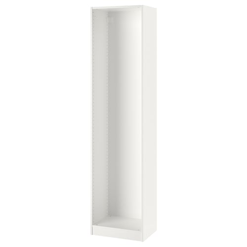 White PAX wardrobe frame, minimalist design, adjustable feet, sturdy particleboard, ideal for space-saving.