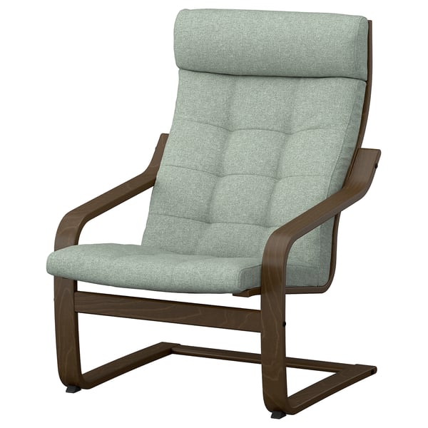An IKEA POÄNG armchair. Its green with wood accents, designed for comfort with a high back and cushioning.