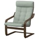 An IKEA POÄNG armchair. Its green with wood accents, designed for comfort with a high back and cushioning.