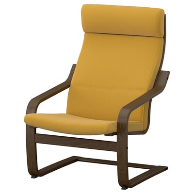 Modern yellow armchair with brown wooden frame, cushioned seating, and high back support. Comfortable and stylish design.