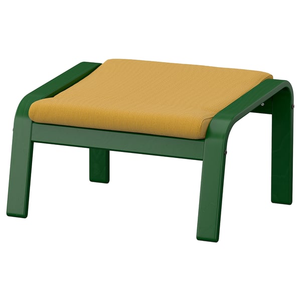 Green wood and yellow cushion footstool. Simple, angled design.