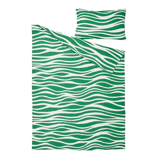 PORTLAKMÅLLA Comforter cover and pillowcase, green/white, 150x200/50x80 cm