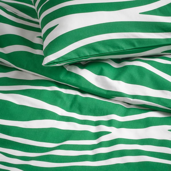 PORTLAKMÅLLA Comforter cover and pillowcase, green/white, 150x200/50x80 cm