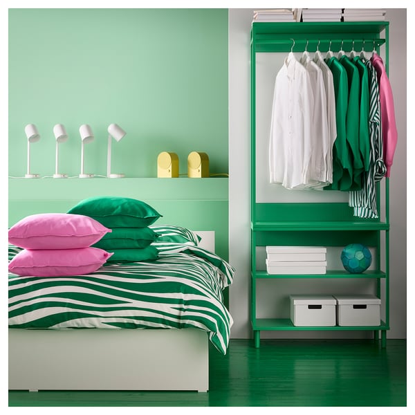 PORTLAKMÅLLA Comforter cover and pillowcase, green/white, 150x200/50x80 cm