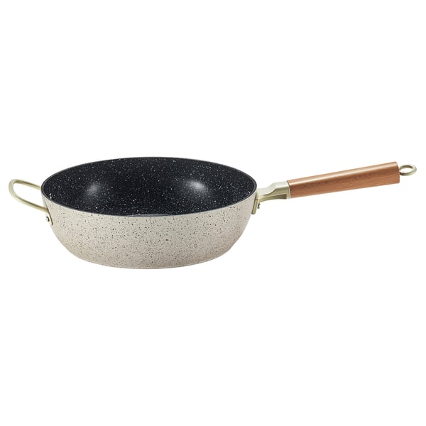 PUCKELLAX frying pan, beige, wooden handle, non-stick, round.