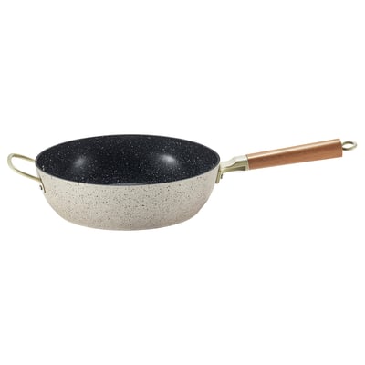 PUCKELLAX frying pan, beige, wooden handle, non-stick, round.