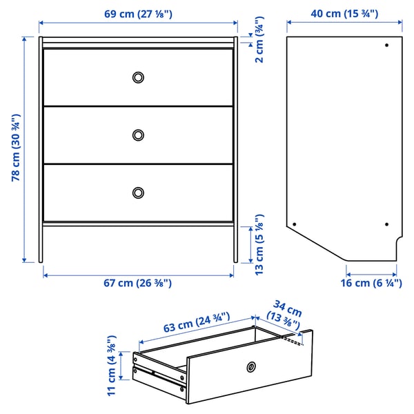 RACKNÄS 3-drawer dresser, white/wall mounted, 69x78 cm