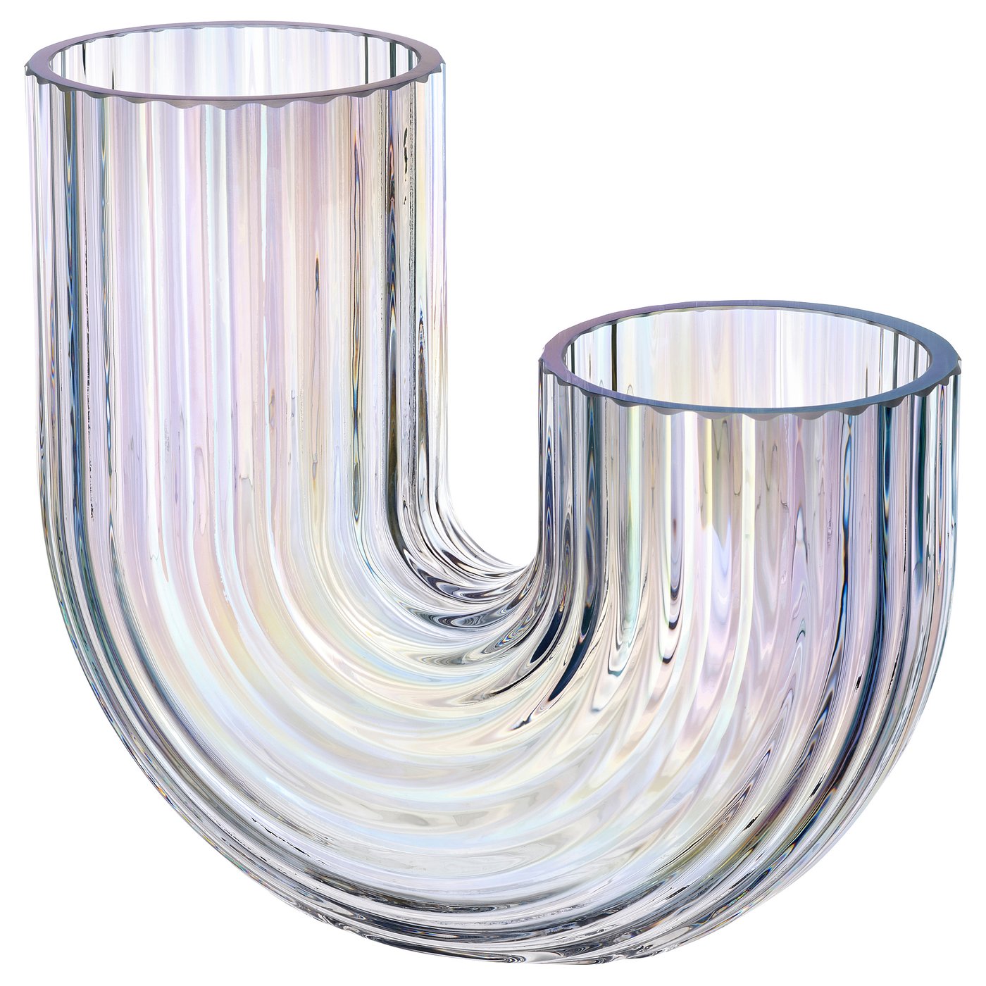 A RÄFFELBJÖRK vase, a clear glass with a rainbow-like shimmer and a groove pattern, designed by lisa hilland.